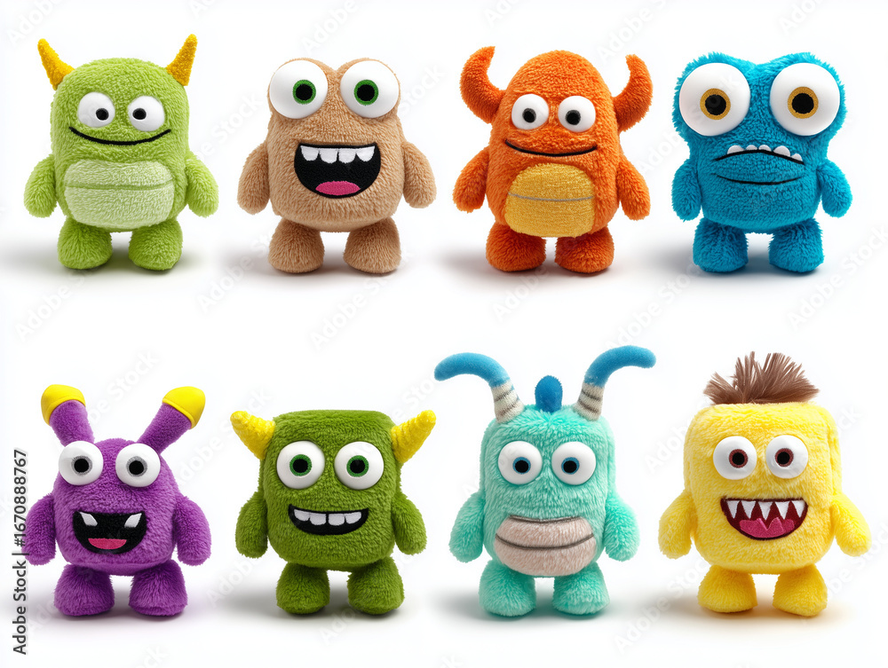 Naklejka premium Eight colorful plush monsters standing on white background