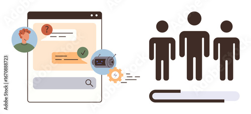 Chatbox with conversation, user profile, radio icon, three people figures standing on book. Ideal for teamwork, knowledge sharing, user support, learning, collaboration communication simple flat