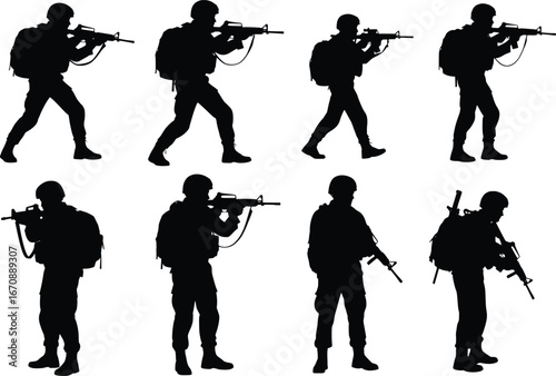 Silhouette soldier figures posing with rifles military action poses set