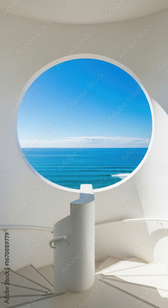 Fototapeta premium White Spiral Staircase with Ocean View From Circular Window