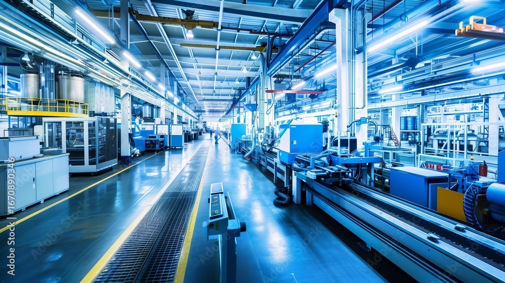 Fototapeta premium Modern factory interior, clean high-tech machinery, blue industrial lighting.
