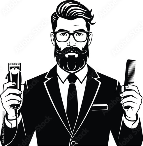 Stylish bearded man in suit holding hair clippers and comb ready for a fresh haircut