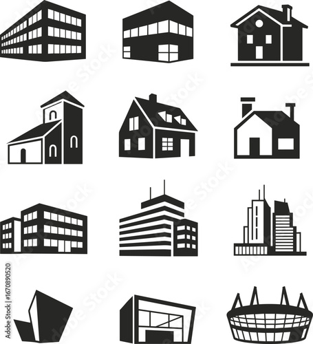Modern building vector icons, residential house illustrations, commercial architecture, city skyline, urban structures, apartment design, real estate graphic