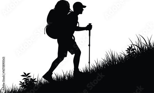 Silhouette of a hiker ascending a grassy hill with a backpack and trekking pole