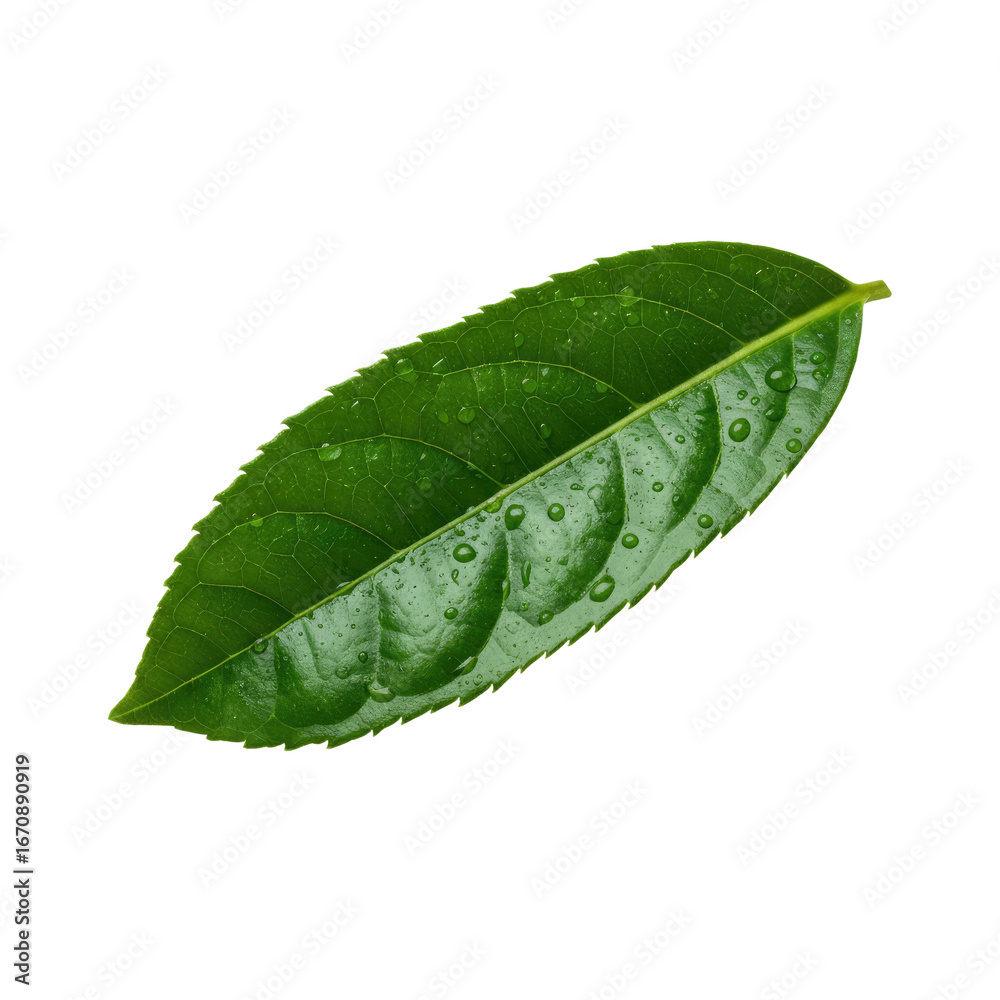 Obraz premium Vibrant green leaf glistening with fresh water droplets, perfect for natural beauty and wellness themes.