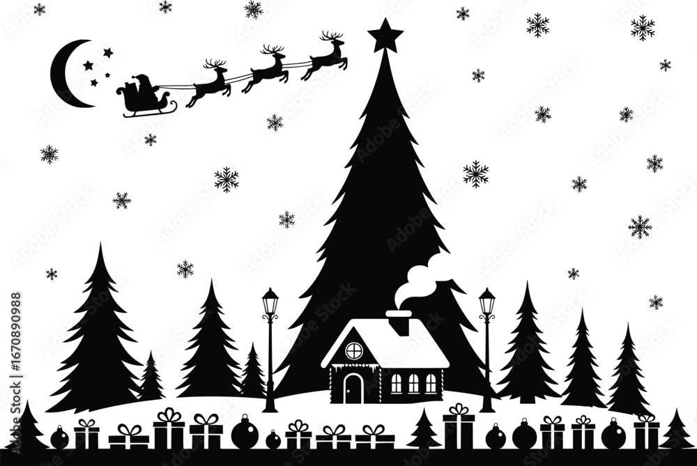 Fototapeta premium Magical christmas silhouette scene with santa claus sleigh and winter village