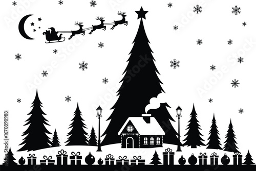 Magical christmas silhouette scene with santa claus sleigh and winter village
