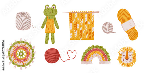 Woolen knit elements in flat style. Yarn ball for handmade