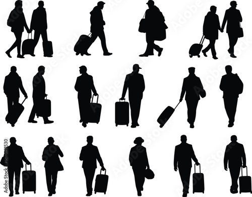 Silhouettes of people walking with luggage, rolling suitcases, backpacks, travel bags, business travelers, tourists, commuting individuals, airport travel, journey, trip, vacation, walking adults
