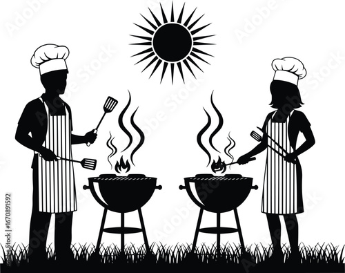 Silhouette chefs grilling outdoors enjoying a sunny day with smoke rising from barbecues