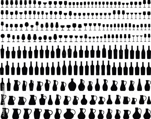 Silhouettes of various glassware, wine glasses, bottles, pitchers, jugs, collection, kitchenware, barware, drinking vessels, black icons, isolated, vector illustration