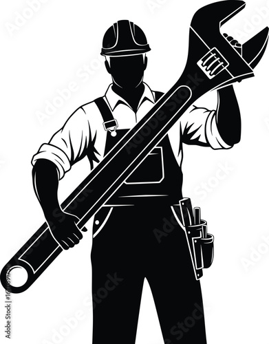Skilled mechanic holding giant wrench ready for repair work professional construction worker