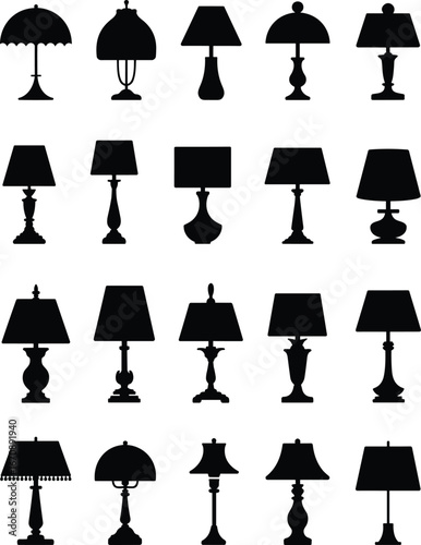 Table lamps silhouette collection, classic lamp designs, vintage lighting icons, home decor lamps, stylish lighting shades, modern lamp vectors, decorative lamps