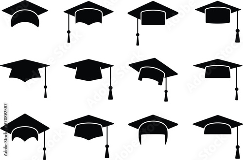 Graduation cap icons vector set, academic hat silhouettes, education success symbols, university ceremony cap clipart, black student cap design