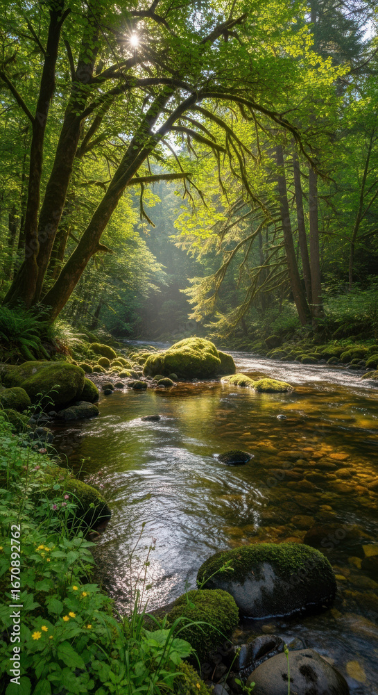 Obraz premium Flowing River Through Green Forest with Mossy Rocks and Sunlight