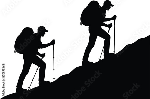 Two hikers in silhouette ascend a steep rocky slope with trekking poles