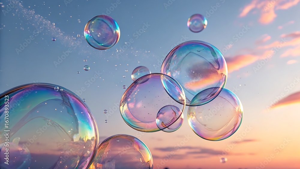 Naklejka premium Iridescent bubbles in a vibrant sky, perfect for social media backgrounds, print designs, packaging, and fantasythemed visual projects.