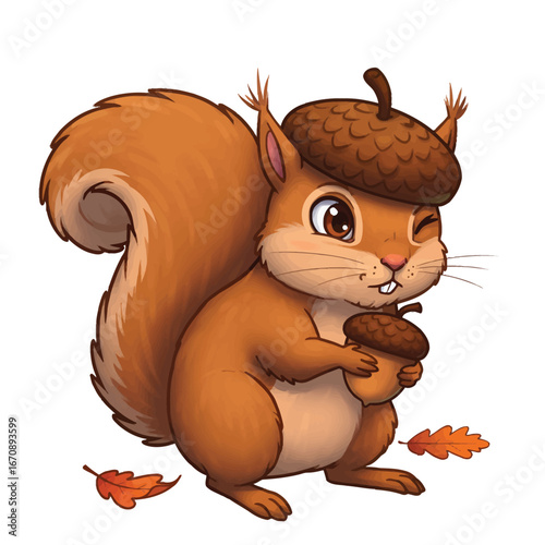 A cute cartoon squirrel winking while holding an acorn and wearing an acorn cap hat.