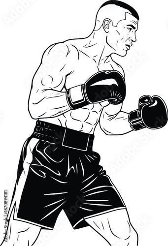 Dynamic boxing champion in fighting stance showcasing strength and athleticism ready for combat