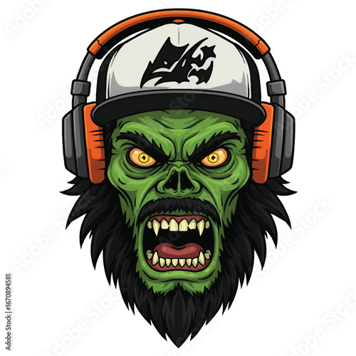Fierce green zombie head with a beard wearing orange headphones and a baseball cap.