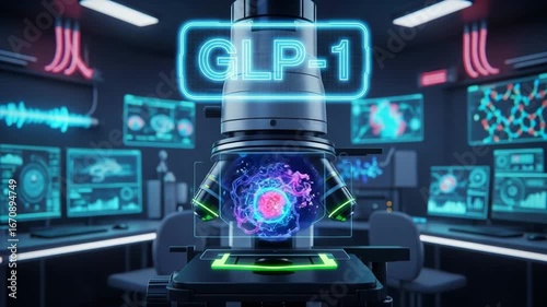GLP-1 High-tech microscope showcases intricate molecular structure in a modern laboratory, emphasizing scientific exploration and discovery