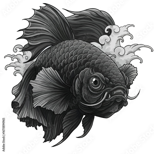 Intricate black and grey Japanese style goldfish illustration with flowing fins and stylized waves.