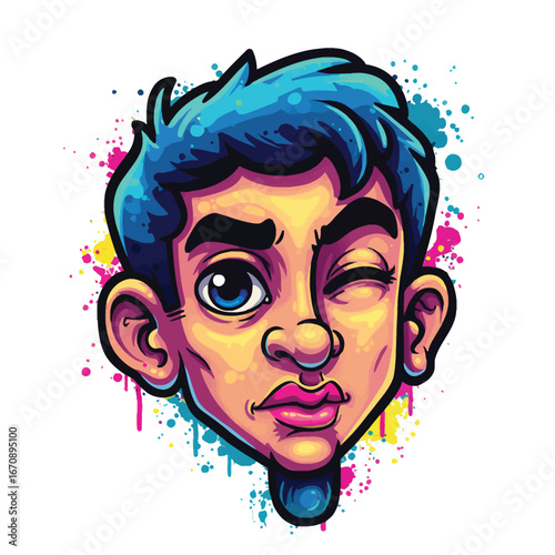 Playful cartoon character of a winking young man with spiky blue hair in a vibrant graffiti style.
