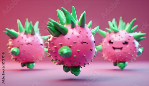 Animated Spiky Strawberry Characters Dancing on Pink Background