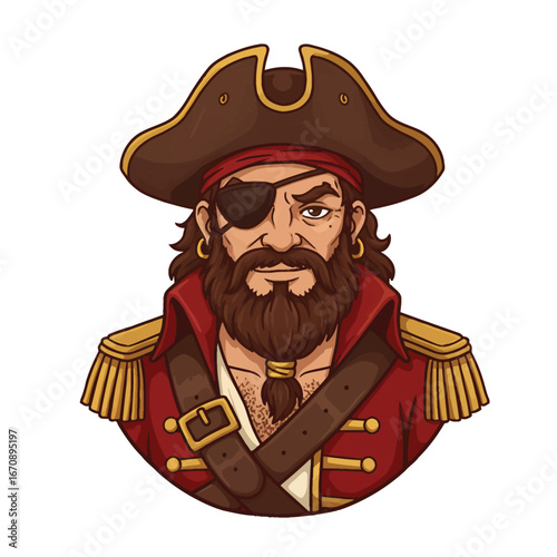 Rugged pirate captain character with a beard eyepatch and red coat.