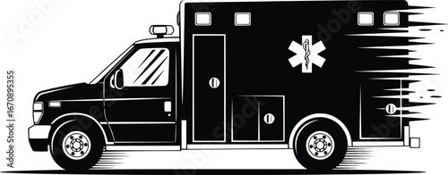 Speeding ambulance vehicle with star of life emblem ready for emergency medical service