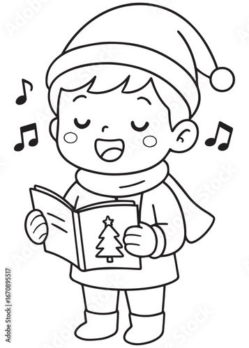 coloring book boy singing carols with songbook