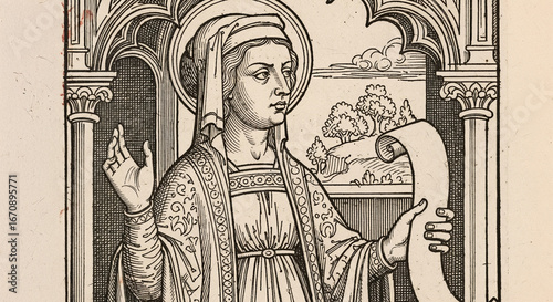 Ancient sibyl oracle woman depicted in medieval manuscript style holding mystical vessel while prophesying future events within ornate architectural frame. Future prophecy