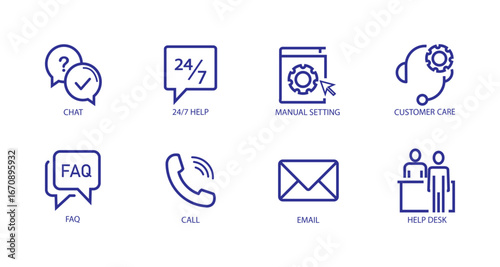 Vector icon set for customer support and communication services including chat, call, email, FAQ, help desk ,24/7 and manual setting blue colour stroke for business use in minimal line style