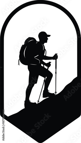 Silhouette of a hiker ascending a mountain trail with trekking poles