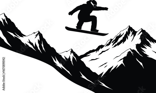 Silhouette snowboarder soaring over rugged mountain peaks action sport thrill