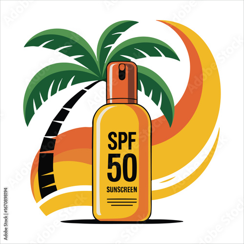 tropical sunscreen bottle with palm tree SPF design vector art isolated on white background