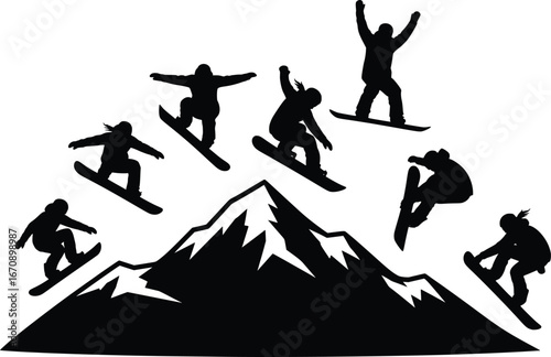 Dynamic snowboarder silhouettes performing aerial tricks over mountain peak