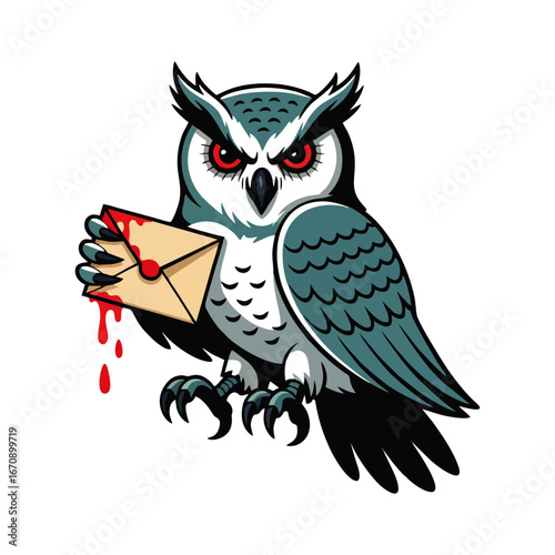 Creepy holiday owl artwork featuring sinister snowy bird carrying blood stained message glowing eyes and terrifying sharp claws