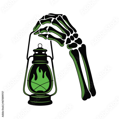 Haunted bony fingers holding lantern filled with ghost fire illustrated as outlined drawing colored tones and dark silhouette version