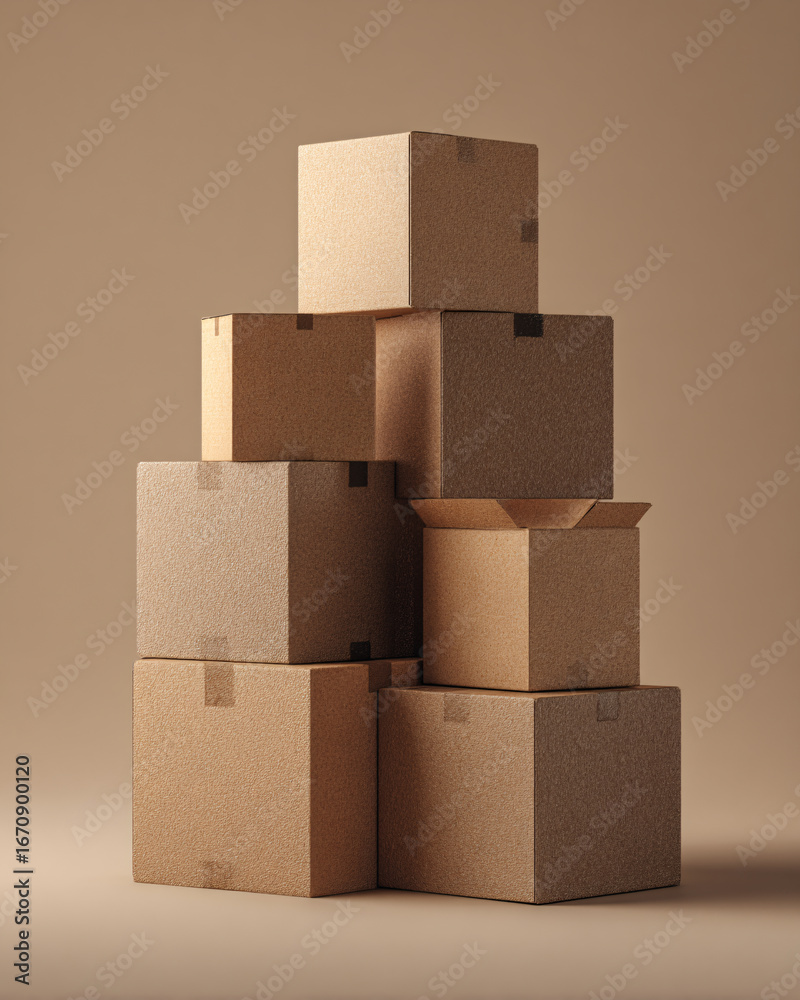 Obraz premium Clean mockup of stacked recycled cardboard boxes, placed against a neutral seamless backdrop