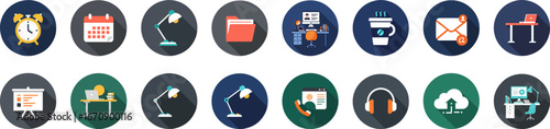 Set of 16 flat circular icons with vibrant colors for office and productivity