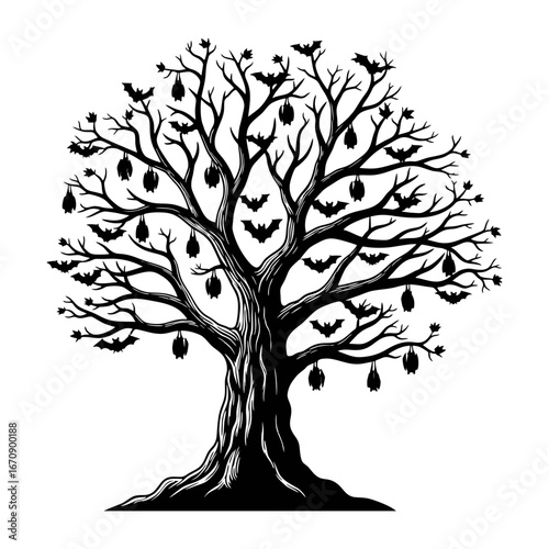Vector illustration of a silhouette tree character with Halloween attributes.