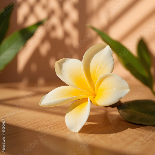 A delicate white and yellow plumeria flower lies on wooden surface with green leaves and warm sunlight creating natural shadows.