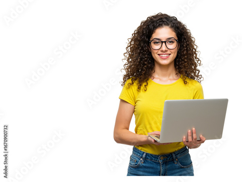 Smiling young woman with curly hair wearing glasses holding a laptop computer isolated on transparent background