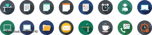 Set of 16 flat circular productivity icons with blue, green, yellow, and gray color palette
