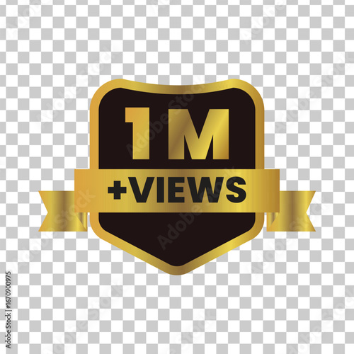 Golden shield emblem with a yellow ribbon displaying one million plus views celebrating online content success and digital achievement
