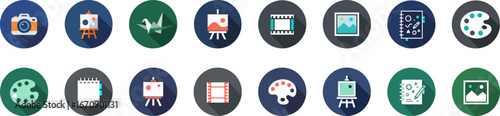 Set of 16 flat round icons with deep blues, dark greens, and neutral grays