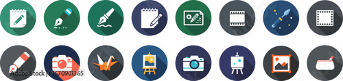 Set of 16 flat circular art and creativity icons in muted greens, blues, grays, and blacks