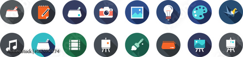 Set of 16 flat design circular icons with diverse symbols in blue, green, teal, gray, orange, and yellow palette Free Download Set of 16 flat design circular icons with diverse symbols in blue, green, teal, gray, orange, and yellow palette - GFXLoad