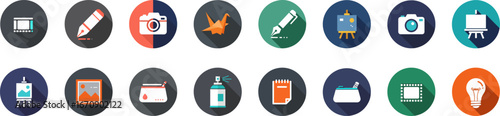 Set of 16 circular icons representing creativity and design tools